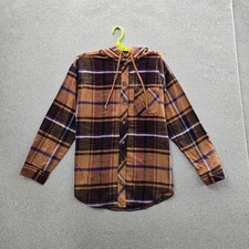 Maurices Women Button Up Shirt M Brown Cabin Plaid Boyfriend Hooded Flannel NWT picture