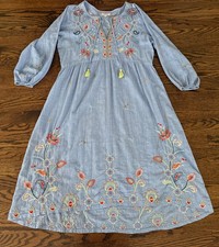 Johnny Was Small-Medium Light Blue Chambray Floral Embroidered Dress Midi picture