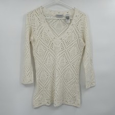 Womens Open Knit Crochet V-Neck Top Size S Boho Coastal Beach Festival Fairy picture