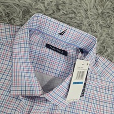 Nautica Men XXL White Pink Light Blue Plaid Performance Short Sleeve Dress Shirt picture