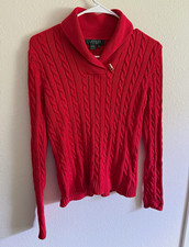 Lauren Ralph Lauren Petite Small Red Cable Knit Collared Sweater 100% Cotton picture