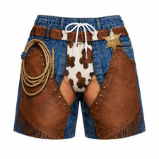 Funny Cowboy Denim Beach Shorts, Badge Trunks Beach Funny Men Summer Shorts picture