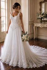 Vintage Mary’s Bridal Corset Lace Wedding Dress Beaded Train Ivory Bridal 8/10 picture