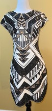 NWT EXPRESS Women Deco Sequin Aztec Black Gold Cap Sleeve Cotton Sheath Dress S picture