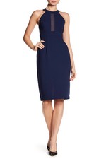 BCBGeneration Chiffon Contrast Midi Dress Size 8 Navy Halter Sheath Keyhole Back picture