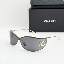 CHANEL CHA71787 Oversized Shield Sunglasses Black Lens Gold CC Logo Women picture
