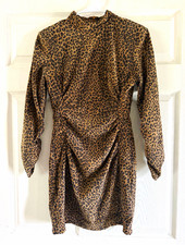 Zara Womens Leopard Print Corduroy Mock Neck Ruched Sleeve Bodycon Mini Dress M picture