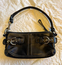 Vintage Coach Black Leather Small Shoulder Bag Zip Top Buckle Accent Silver HW picture