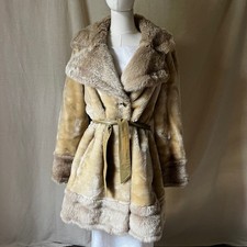 Vintage 1960s 70s Women's Cream Faux Fur Coat Belted Acrylic Mod M L picture