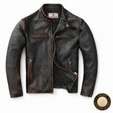 Cafe Racer Men's Motorcycle Biker Sheepskin Leather Jacket Distressed, Vintage picture