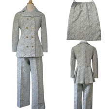 Vintage 70s Pantsuit Nan Scott 3pc Crimplene Aqua Blue Mocha Jacket Pants Skirt picture