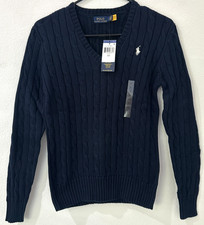 Polo Ralph Lauren Women’s Navy Cable Knit V-Neck Sweater S NWT QR Authenticate picture