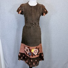 Rare 1970s Caroline Eavis Anna Crosby-Brown Suede Leather 2 Pc Floral Skirt Set picture
