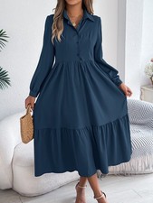 Women's Lapel Casual Loose Long Sleeve Ruffled Shirt Dresses Long Sleeved Turn-d picture