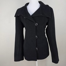 Cole Haan Black Wool Blend Funnel Neck Asymmetrical Button Coat Jacket Womens 6 picture