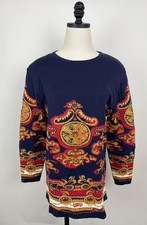 Vintage Paisley Sweater Womens Small 90s Baroque Clock Navy Blue Red Mustard NWT picture