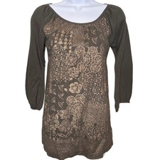 NWT ANTHROPOLOGIE TINY Womens Olive Green Gold Metallic Floral Top Sz M Boho picture