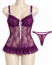 Y2K Frederick's of Hollywood Purple Lace Babydoll Thong Set Small NWOT Lingerie picture