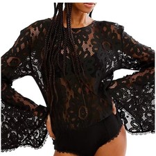 NWT Free People Intimately Black Lace Bell Sleeve Bodysuit M Boho| Whimsigoth picture