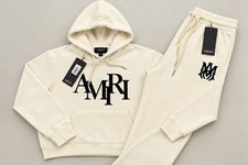AMIRI Men’s 2pc Sweatsuit Hoodie & Pants Beige Fleece Logo  picture