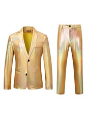 ZEROYAA Men's Metallic Shiny Suits Disco Sequin Blazer Pants 2 Piece Sets Small picture