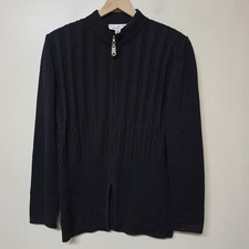 St John Collection Marie Gray Black Cable Knit Zip Front Cardigan Jacket 12 USA picture
