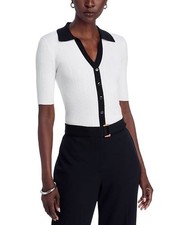 T Tahari Split-Neck Contrast-Trim Sweater Top Women's S White/Black Button Front picture