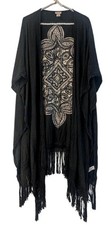 Mossimo Black Rayon Kimono Fringe Embroidered Medallion Boho Wrap One Size picture