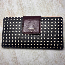 Fossil Issue No. 1954 Black Cream Polka Dot Long Wallet Burgundy Snap picture