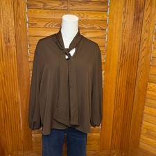 Nylon Apparel Brown Tie Neck Blouse Long Sleeve Top Small Thanksgiving Outfit picture