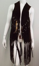 VTG 1970s Long Brown Suede Fringe Tunic Vest HIPPIE Feathers Beads Festival Boho picture