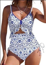 NWT SHESHOW Tummy Control One-Piece High Waisted Cutout Ruffle Blue/White Floral picture