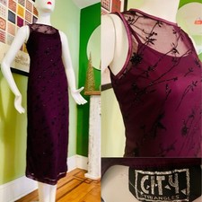 Vtg 90s CITY TRIANGLE Blk Sheer Over Red Slip Party Dress Maxi 3/4 Gown M picture