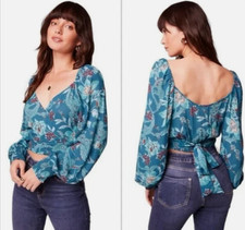 NWT Band of the Free Sybille Teal Floral Crossover Wrap Crop Top Blouse S 2-8 picture