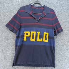 Vintage Polo Ralph Lauren Polo Shirt Mens L Blue Striped Logo Spell Out Preppy picture