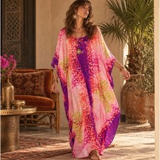 Vintage Handmade Barkcloth Floral Kaftan Maxi Dress Pleated Resort 60s Hippy picture