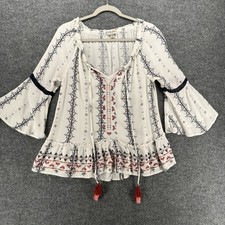 Know Rose Top Womens M White Floral Bell Sleeve Boho Cottagecore Prairie Western picture