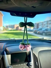 Light Pink and Green Handmade Adjustable Crochet Strawberry Car Charm picture