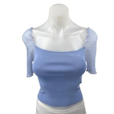 Zara Women's Blue Mesh Short Sleeve Ribbed Knit Sculpt Cropped Blouse Top Size S picture
