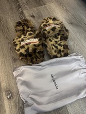 Balenciaga Unisex Brown/Black Faux Fur Slide Slippers Slip-On Open Toe Leopard picture
