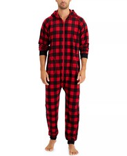 FAMILY PAJAMAS Men's 1-Piece Checkered Hooded Pajamas sz S Small Red PJs picture