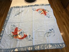 Beautiful 1920s Large Blue Silk Koi Fish Embroidered Fringed Piano Shawl 38 x 41 picture