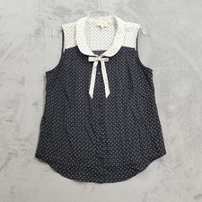 ModCloth Shirt Womens L Black Cream Polka Dot Bow Tie Collar Sleeveless Button picture