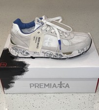 PREMIATA Men’s Low Top Lace-Up Athletic Sneakers White Gray Blue picture