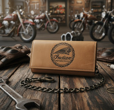 Indian Motorcycle Genuine Leather Trifold RFID Blocking Biker Wallet With Chain picture