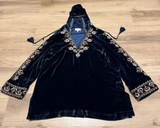 Johnny Was Emi Velvet Embroidered Hoodie Tunic Silk Blend L NWOT Blue L15319 picture