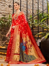 Women's Paithani Silk Blend Woven Saree With Blouse Piece picture