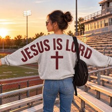Jesus Is Lord Cross Shoulder Sweatshirt Christian Faith Cross Graphic Pullover picture