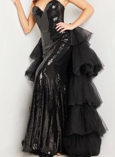 Jovani 24554 Sequin Strapless Gown Prom Dress Womens 4 Black Fitted Ruffle Trim picture
