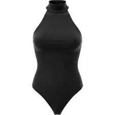 NWT H&M Black Ribbed High Mock Neck Halter Thong Bodysuit Womens Size XL 517648 picture